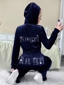 SHEIN Bộ đồ 2 món giản dị thanh lịch dành cho bé gái tuổi mới lớn, áo hoodie nhung đính đá Rhinestone có khóa kéo và quần ống loe ôm - Màu xanh hải quân - Xem 2