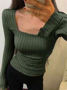 INAWLY Women's Casual Solid Color Square Neck Bell Sleeve T-Shirt, Autumn Fall Cloth For Women