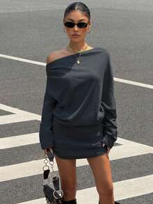 Muchica 女式秋季新款深灰色羊毛斜领长袖紧身连衣裙