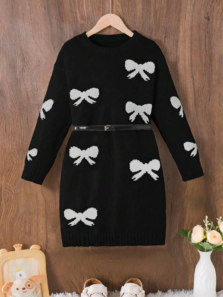 SHEIN 1pc Girls' Sweater Dress, Cute Style, Black Bow Jacquard Pattern, Round Neck, Regular Sleeve, Cuff & Hem Cinched, Regular Thickness, Elegant Knit Dress In Ivory, Intellectual & Flattering Slim Fit, Suitable For Spring, Autumn & Winter Bow Clothes Bows On Clothes Black Sweater With White Bow Print Sweater K Pop Sweater With Bows Black And White Sweater Sumwon Wednesday Addams - Black - View 5
