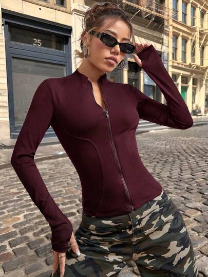 SHEIN EZwear Women's Y2K Style Zip-Up Thumb Hole Burgundy Sweatshirt, Autumn/Winter