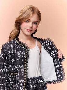 Tween Girl Plaid Contrast Mesh Frill Trim Jacket And Mini Skirt Fashion Set