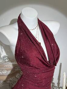 Elamini Đầm ngắn hở lưng cổ xẻ sâu gợi cảm thời trang - Màu Đỏ Sâu - Xem 3