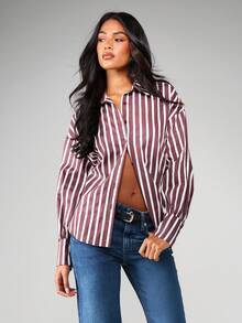 MISSGUIDED Elegant Striped Long Sleeve Collared Button Down Blouse Loose Fit Oversized Office Workwear Statement Piece Professional Business Attire Collection - Multicolor - View 1