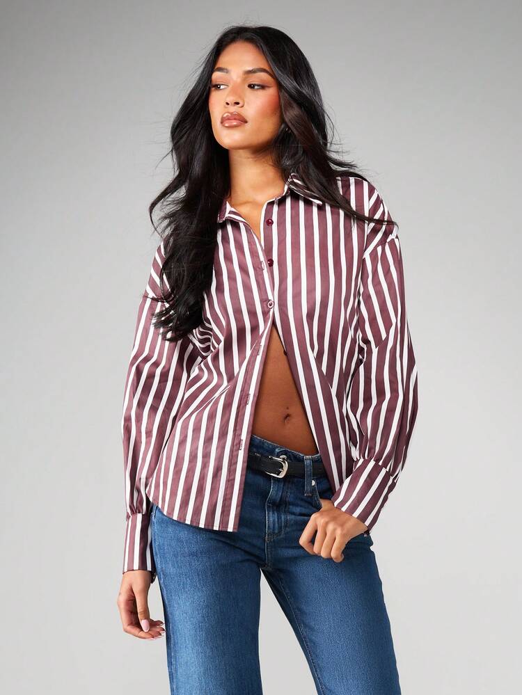 MISSGUIDED Blusa elegante de manga larga con cuello, abotonada, de corte holgado y sobresaliente, atuendo profesional de oficina, colección de otoño e invierno