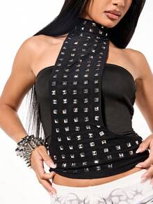 SUMWON WOMEN 带金属配件的铆钉吊带上衣，高领，无袖，紧身，节日风 - 黑色 - 查看 4