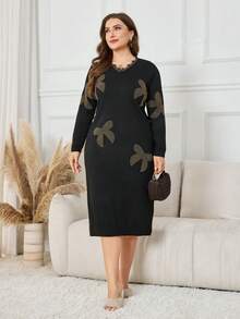 Lacomfia Đầm dệt kim tay dài đính nơ đính đá giả ren tương phản cỡ lớn thời trang thu đông cho nữ - màu đen - Xem 5