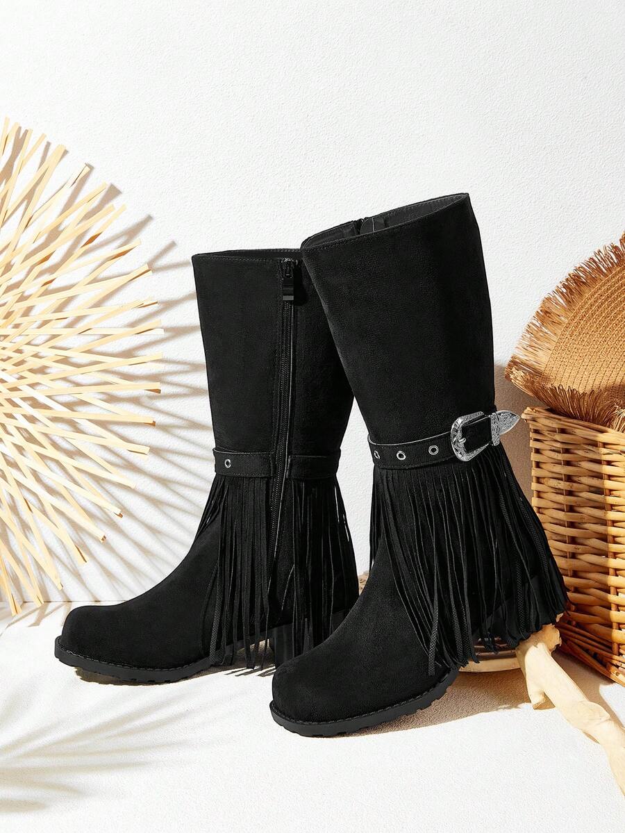 Styleloop Women's Geometric Tassel, Rivet Decor Square Toe Tall Boots - Black - View 1