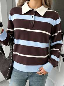 DAZY Women's Loose Business Casual Striped Color Block Pullover Sweater, Suitable For Autumn & Winter Office Wear - Coffee Brown - View 1