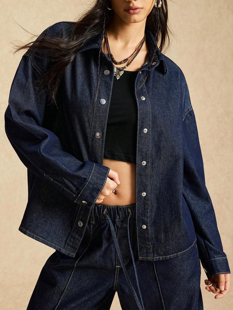 Easelle جاكيت جينز نسائية كاجوال فضفاضة ذات صف أزرار واحد، للربيع/الخريف - أزرق داكن - مشاهدة 6