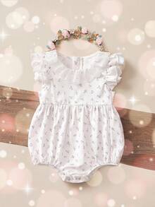 Mono de verano para bebé niña recién nacida con estampado floral diminuto y volantes - Blanco - Ver 4