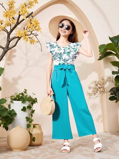 Set de 2 piezas Blusa con cuello redondo estampada y pantalón largo para niñas (tallas grandes)