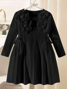 Elladie kids 年轻女孩优雅简约圆领插肩袖高腰修身短款纯色罗纹面料 3D 花卉图案小黑裙返校蝴蝶结装饰连衣裙，适合所有季节 - 黑色 - 查看 6