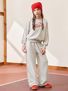 JNSQ Tween-Mädchen 2-teiliges Outfit-Set: Locker sitzendes Sweatshirt-Oberteil mit Rundhalsausschnitt und langen Ärmeln und Grafikdruck, gepaart mit einer entspannten Jogginghose mit geradem Bein, geeignet für den Alltag im Herbst/Winter, Outdoor-Aktivitäten, Urlaub, Streetwear, Partys und Lässig anlässe - Grau - Übersicht 5