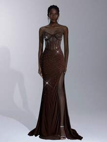 Elitara Váy maxi dài xẻ cao dáng đuôi cá, xẻ tà bất đối xứng, không dây, màu xanh da trời thanh lịch, trang trí cầu kỳ, thích hợp cho các buổi hẹn hò, kỳ nghỉ, sinh nhật, tốt nghiệp, đám cưới và sự kiện trang trọng - Cà phê nâu - Xem 7