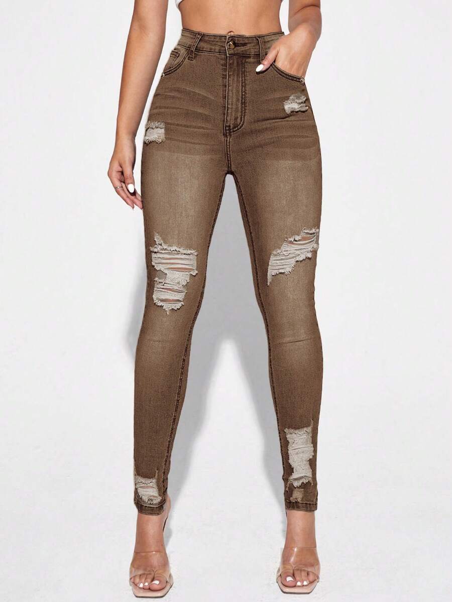 EMERY ROSE Blugi de damă cu talie înaltă, buzunare, skinny, casual, versatile, blugi de damă, maro, jeggings, pantaloni Western pentru femei, mărime plus - cafea maro - Vizualizare 1