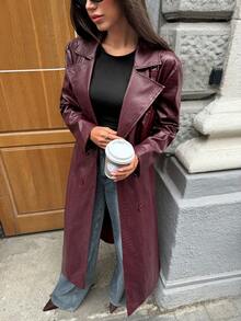 Aloruh Anker 红色 PU 风衣，休闲长款外套，适合秋冬季通勤、秋季穿着，女士冬季外套，万圣节服装，圣诞节，新年，外出，时尚女士风衣，酒红色风衣，酒红色大衣，复古风格，Ancora - 酒紅色 - 查看 6