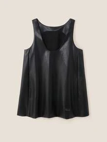 SHEIN Unity Áo đầm dài cổ chữ U bằng da PU kiểu vintage dành cho nữ, trang phục thường ngày phong cách đường phố, thích hợp cho mùa thu. - màu đen - Xem 1