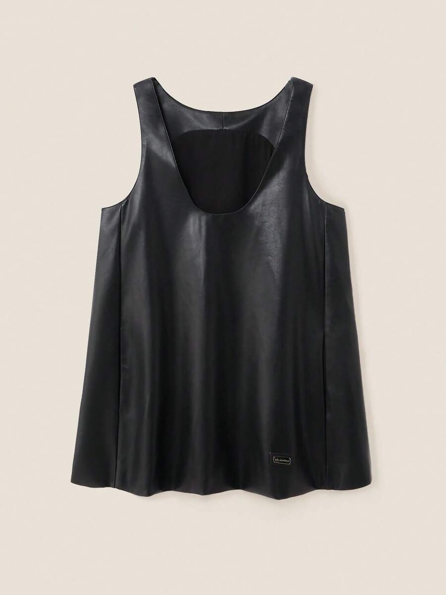 SHEIN Unity Áo đầm dài cổ chữ U bằng da PU kiểu vintage dành cho nữ, trang phục thường ngày phong cách đường phố, thích hợp cho mùa thu. - màu đen - Xem 1