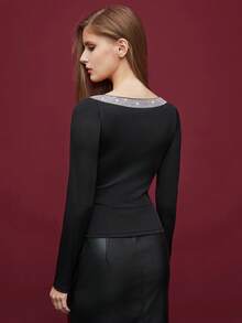 Maija Women's Elegant Rhinestone Embellished Long Sleeve Fitted T-Shirt, Spring/Autumn