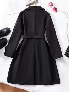 SHEIN Trendig, avslappnad, lös, bältad, dubbelknäppt, lång vindjacka för mellanflickor, lämplig för pendling eller vardagsbruk på hösten - Svart - Visa 2