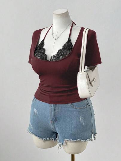 Sunspun Camiseta ajustada de estilo sexy con parches de encaje de unicolor