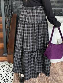 Dazy Plus 加大码 A 字格子裙，松紧腰，女士休闲长裙，春秋季