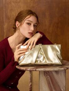 MOTF PREMIUM 女士时尚优雅褶皱金色手拿包/夹包，适合派对约会、圣诞礼物 - 金色 - 查看 8