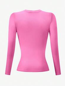 INAWLY Women's Fuchsia Long Sleeve Fitted Crew Neck T-Shirt - Hot Pink - View 2
