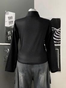 Sunspun Jaqueta plus size feminina com gola alta, estilo punk retrô vanguardista, estampada com strass e decoração frontal, com zíper e capuz, outono/inverno