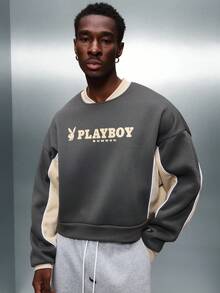 PLAYBOY X SUMWON Crop Fit Bunny Logo Pullover Sweatshirt With Contrast Sleeves And Ribbed Cuffs - Grey - View 6