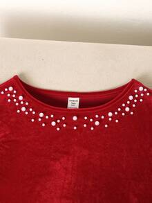 SHEIN 2pcs/Set Teen Girl's Elegant Christmas Outfit: Beaded Puff Sleeve T-Shirt & Black PU Button Decor Flared A-Line Skirt,Autumn,Casual,Party - Red - View 4