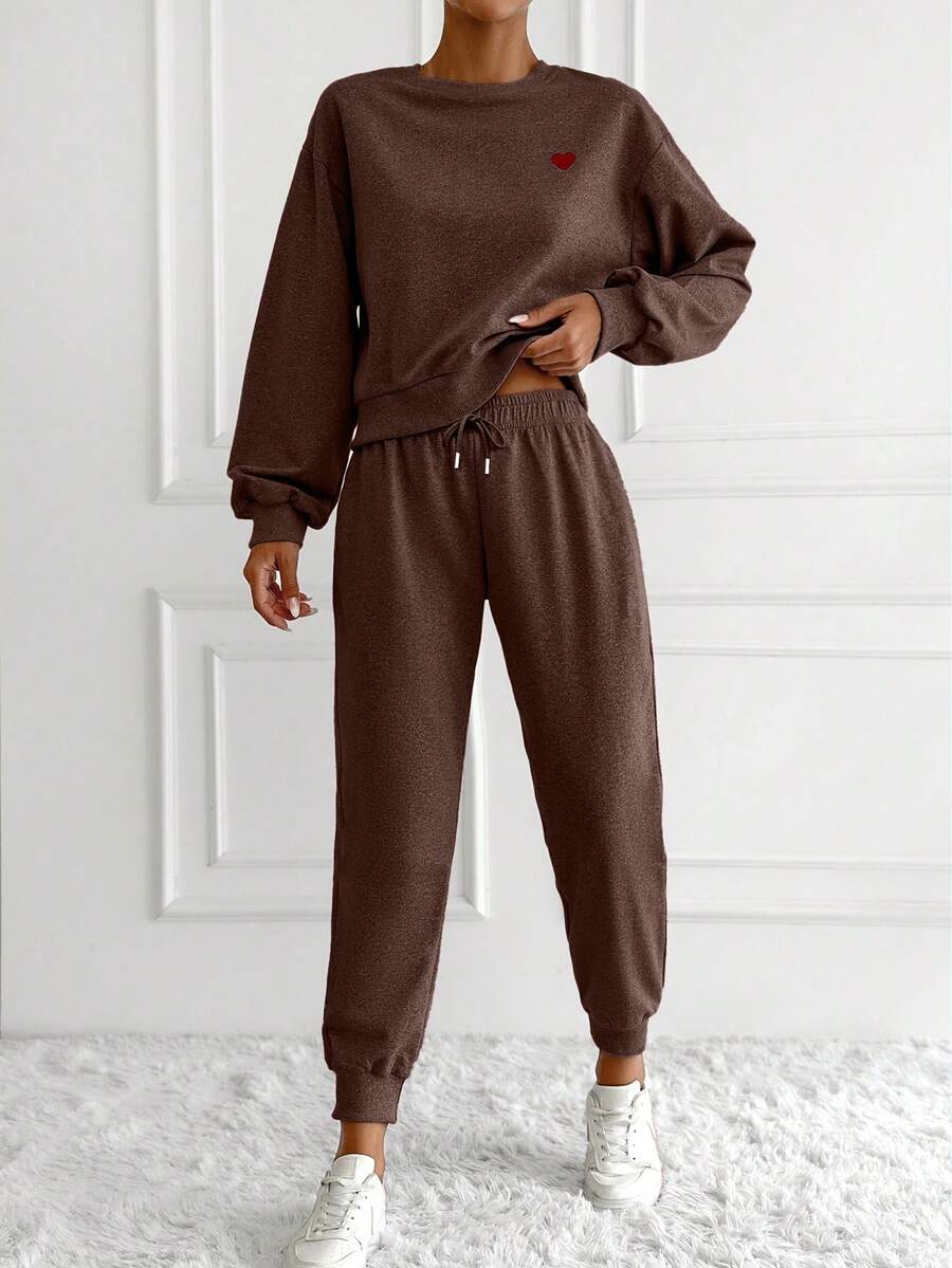 EURMUSE 2pcs Women Casual Heart Pattern Dropped Shoulder Loose Sweatshirt And Drawstring Pants Set, Autumn - Brown - View 1