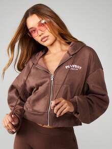 Missguided x Playboy Cropped Zip Through Hoodie With Drawstring And Centre Pocket For Casual Streetwear - Coffee Brown - View 7