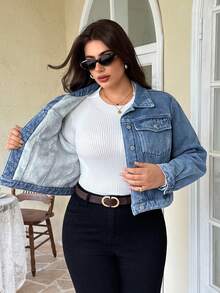 EMERY ROSE Chaqueta vaquera de manga larga con botones delanteros y forro térmico de unicolor para tallas grandes - Lavado ligero - Ver 5