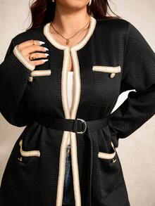 Elaquor Plus Size Elegant Commuter Color Block Ribbon Jacket Autumn Winter Clothes For Women - Black - View 3