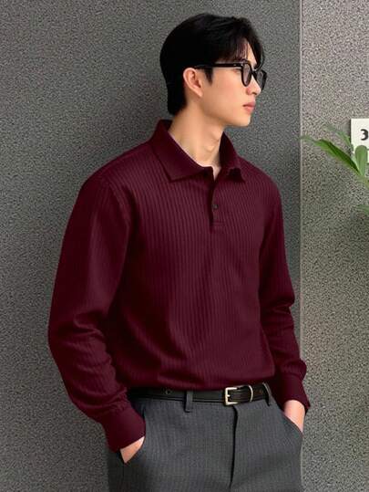 Manfinity Homme 男士纯色纽扣休闲百搭长袖Polo衫，秋季款