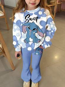 SHEIN Leap Crew Kawaii Cartoon Blue Rabbit Lulu & Stitch Pattern, Blue Ombre Floral, Tween Girls Knit Crew Neck Letter Graphic Loose Sweatshirt And Flare Pants 2 Piece Casual Set - Multicolor - View 2