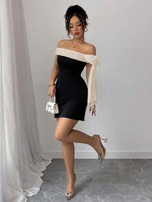 Rafferiza 女士优雅拼色蝴蝶结露肩连衣裙，夏季 - 黑色 - 查看 5