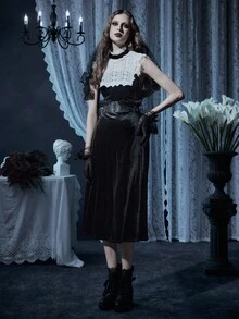 Glisette Solid Color Velvet Midi Dress With High Collar, Lace Trim, Suitable For Daily Wear And Travel - Black - View 7