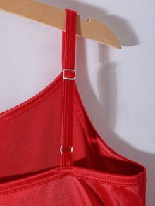 Tween Girl' 优雅简约时尚不对称肩部无袖高腰长款纯色缎面闪亮面料红色连衣裙，适合毕业舞会、选美、圣诞派对 - 紅色 - 查看 5