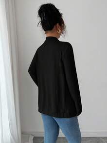 SHEIN PETITE 女式休闲罗纹羊毛开前侧口袋短款轻便夹克 - 黑色 - 查看 2