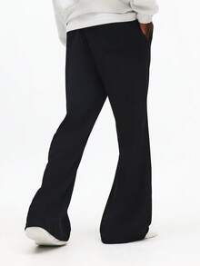 SUMWON 高级纹理宽松喇叭裤，褶裥设计，抽绳腰带，休闲舒适纯色运动裤 - 黑色 - 查看 2