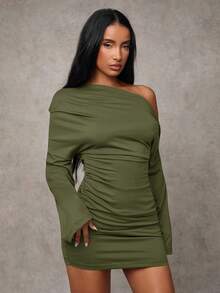 SHEIN BAE 女式纯色蝙蝠袖褶饰时尚迷你连衣裙 - 軍綠色 - 查看 6