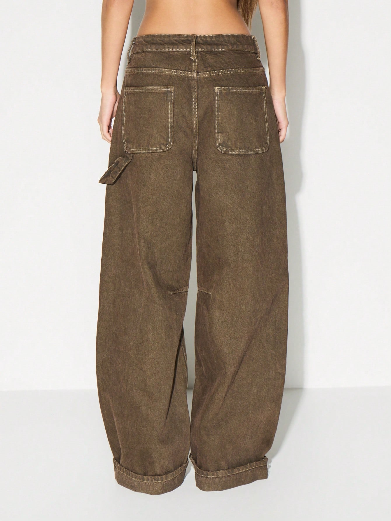 KIZN High Rise Wide Leg Cargo Jeans With Cuffed Hem