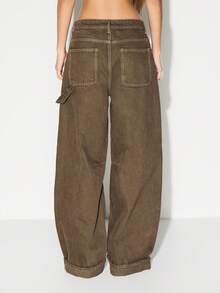 KIZN High Rise Wide Leg Cargo Jeans With Side Pockets And Cuffed Hem For Casual Weekend Outfits - Green - View 2