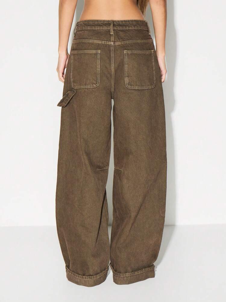 KIZN High Rise Wide Leg Cargo Jeans With Cuffed Hem