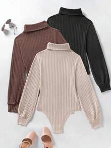 Resyla 3pcs Plus Size Women Solid Color Turtleneck Long Sleeve Ribbed Bodysuit