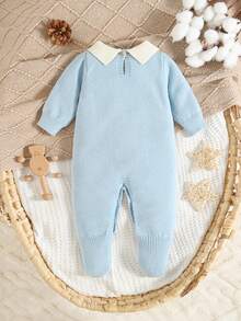 SHEIN Baby Sweater Jumpsuit, Newborn Infant Unisex Turtleneck Long Sleeve Knitted Jumpsuit With Feet, Comfortable For Autumn/Winter, Elegant & Fashionable For Home, Daily Wear, And Travel Baby Blue Knitted Outfit For Baby Newborn Sweater Romper Baby Knit Jumpsuit 0 3 Months Boy Winter Newborn Baby Layette Set