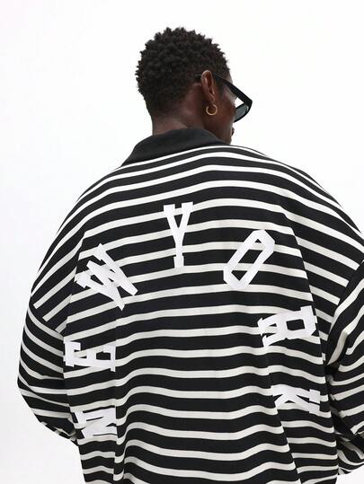 SUMWON Cropped Fit Rugby Jersey Polo Shirt With Horizontal Stripes And Logo Print For Casual Streetwear